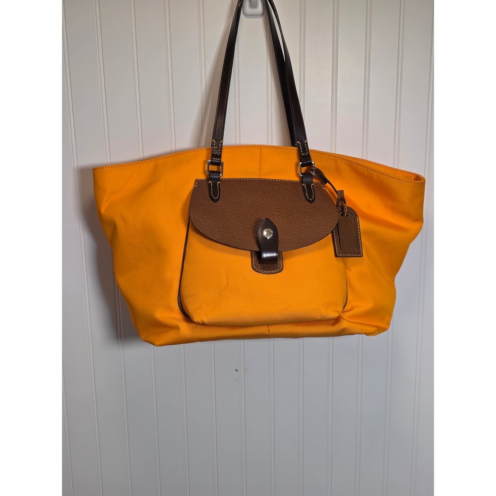 Dooney & Bourke Pocket Shopper Tote Bag Orange Nylon Brown Leather IN644 OR